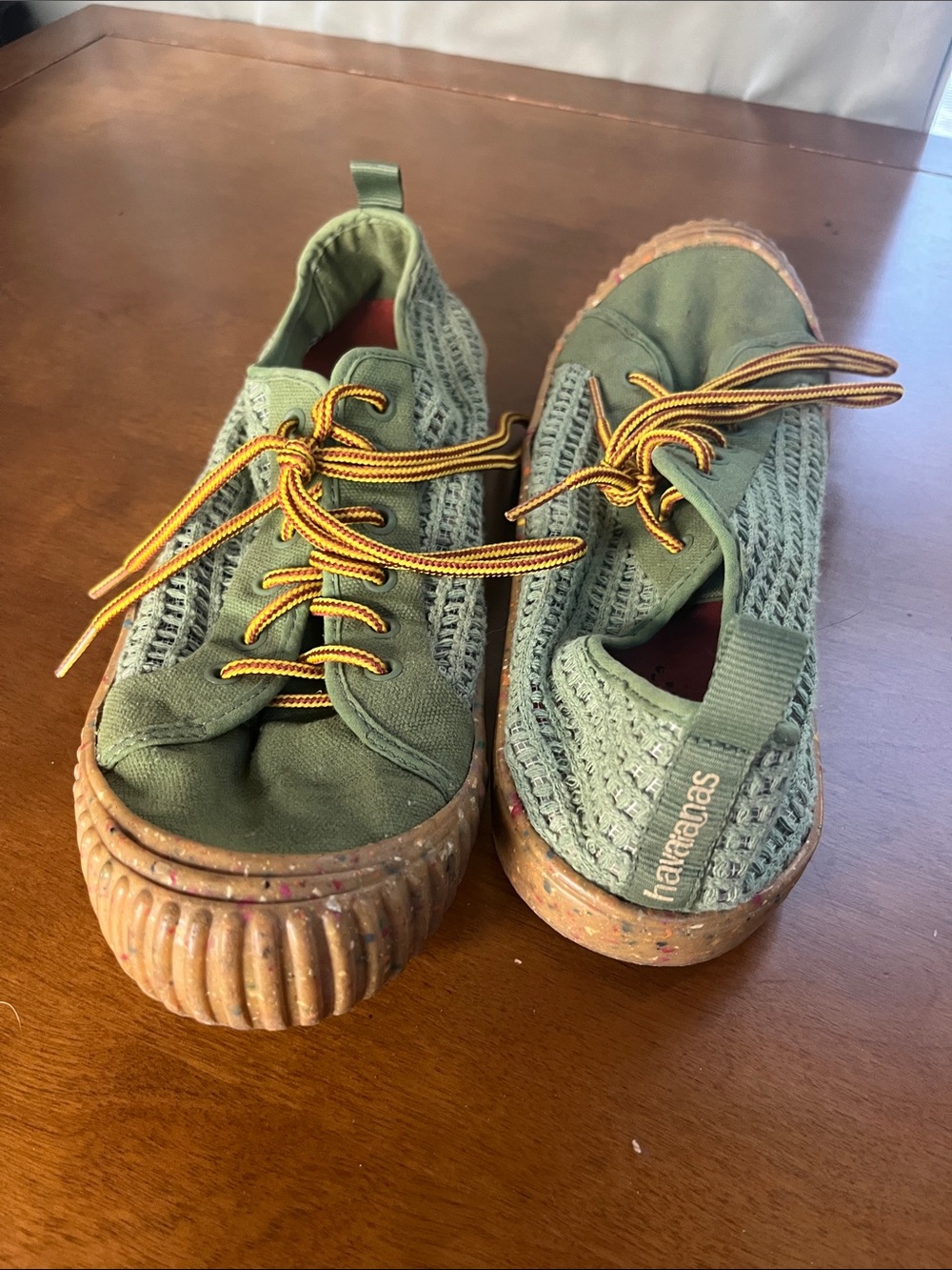 Havaianas Olive Green Knit Sneakers with Yellow Contrast Laces 11 Womens 9 Mens